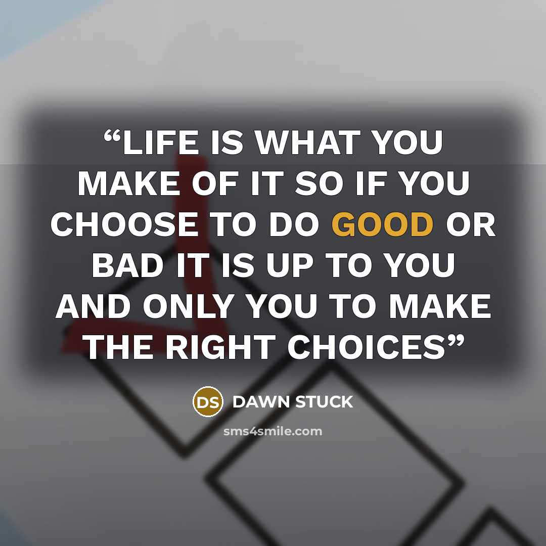 “LIFE IS WHAT YOU MAKE OF IT SO IF YOU CHOOSE TO DO GOOD OR BAD IT IS UP TO YOU AND ONLY YOU TO MAKE THE RIGHT CHOICES” quote by DAWN STUCK