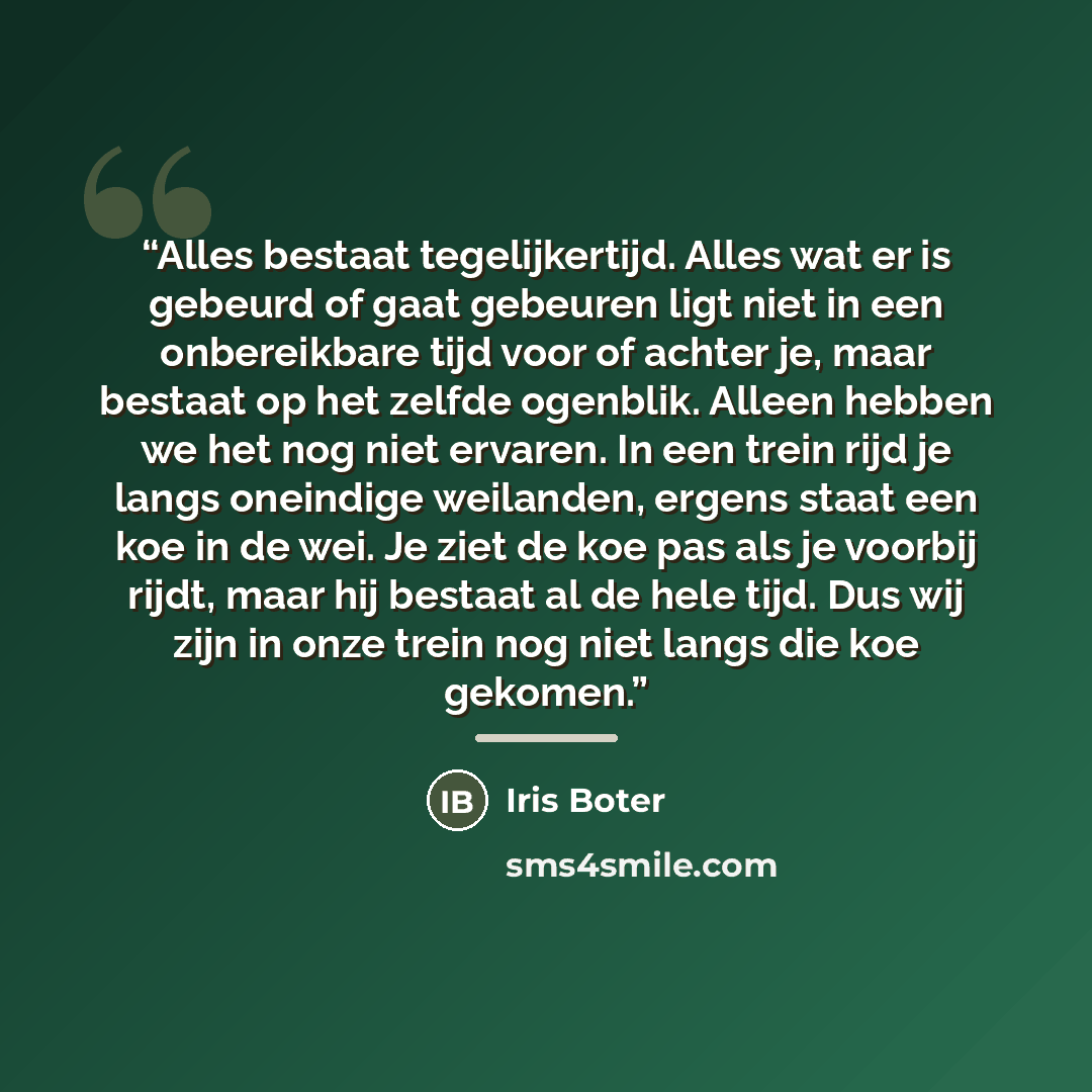 “Alles bestaat tegelijkertijd. Alles wat er is gebeurd of gaat gebeuren ligt niet in een onbereikbare tijd voor of achter je, maar bestaat op het zelfde ogenblik. Alleen hebben we het nog niet ervaren. In een trein rijd je langs oneindige weilanden, ergens staat een koe in de wei. Je ziet de koe…” quote by Iris Boter