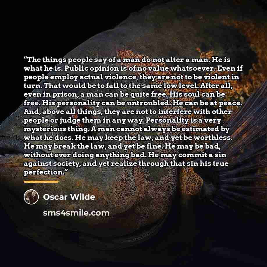 “The things people say of a man do not alter a man. He is what he is. Public opinion is of no value whatsoever. Even if people employ actual violence, they are not to be violent in turn. That would be to fall to the same low level. After all, even in prison, a man can be quite free. His soul can be…” quote by Oscar Wilde