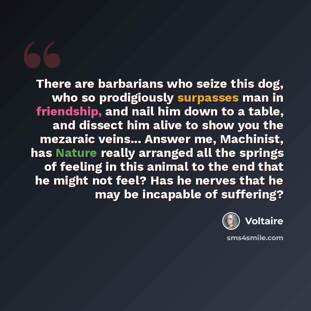 “There are barbarians who seize this dog, who so prodigiously surpasses man in friendship, and nail him down to a table, and dissect him alive to show you the mezaraic veins... Answer me, Machinist, has Nature really arranged all the springs of feeling in this animal to the end that he might not…” quote by Voltaire