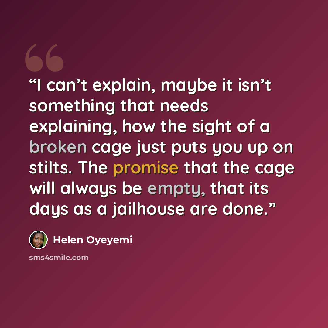 “I can’t explain, maybe it isn’t something that needs explaining, how the sight of a broken cage just puts you up on stilts. The promise that the cage will always be empty, that its days as a jailhouse are done.” quote by Helen Oyeyemi