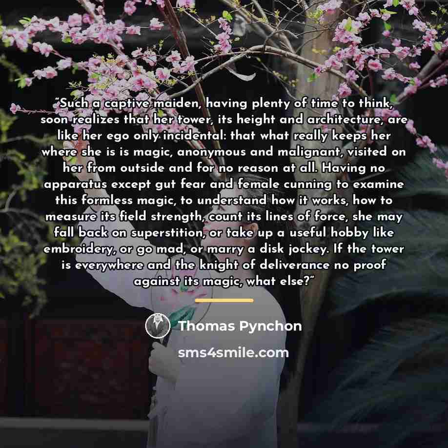“Such a captive maiden, having plenty of time to think, soon realizes that her tower, its height and architecture, are like her ego only incidental: that what really keeps her where she is is magic, anonymous and malignant, visited on her from outside and for no reason at all. Having no apparatus…” quote by Thomas Pynchon