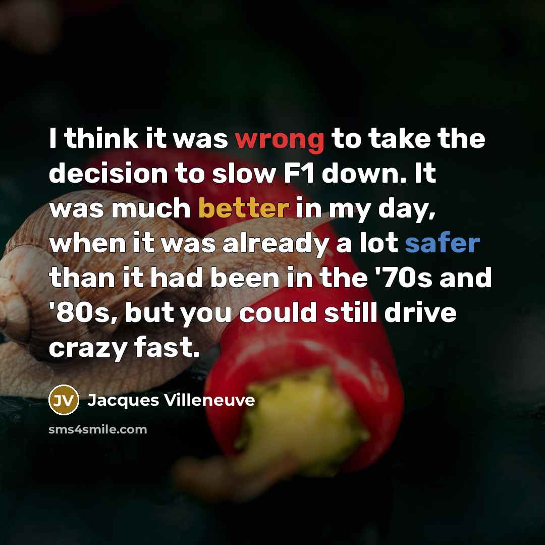 “I think it was wrong to take the decision to slow F1 down. It was much better in my day, when it was already a lot safer than it had been in the '70s and '80s, but you could still drive crazy fast.” quote by Jacques Villeneuve