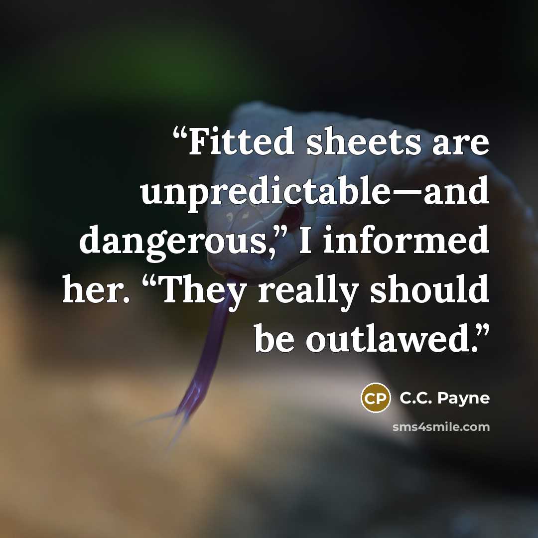 “Fitted sheets are unpredictable—and dangerous,” I informed her. “They really should be outlawed.” quote by C.C. Payne