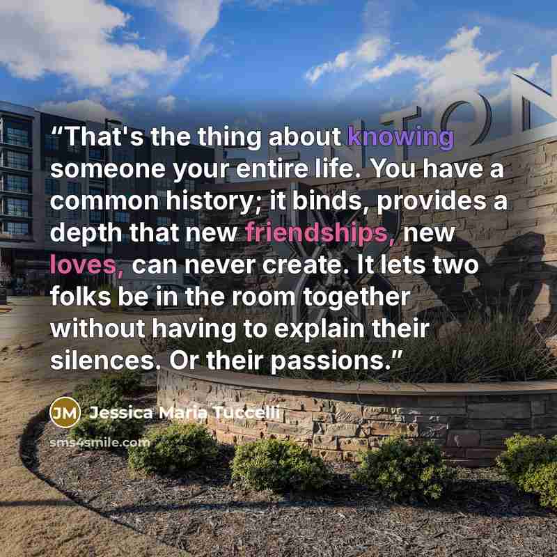 “That's the thing about knowing someone your entire life. You have a common history; it binds, provides a depth that new friendships, new loves, can never create. It lets two folks be in the room together without having to explain their silences. Or their passions.” quote by Jessica Maria Tuccelli