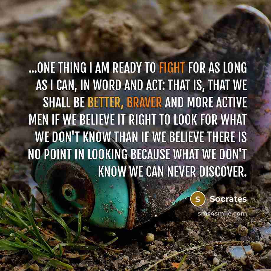 “...one thing I am ready to fight for as long as I can, in word and act: that is, that we shall be better, braver and more active men if we believe it right to look for what we don't know than if we believe there is no point in looking because what we don't know we can never discover.” quote by Socrates