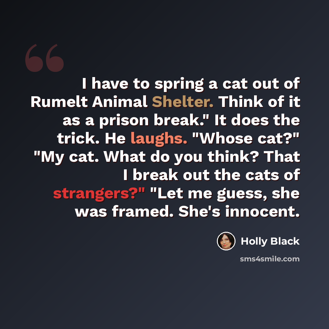 “I have to spring a cat out of Rumelt Animal Shelter. Think of it as a prison break." It does the trick. He laughs. "Whose cat?" "My cat. What do you think? That I break out the cats of strangers?" "Let me guess, she was framed. She's innocent.” quote by Holly Black
