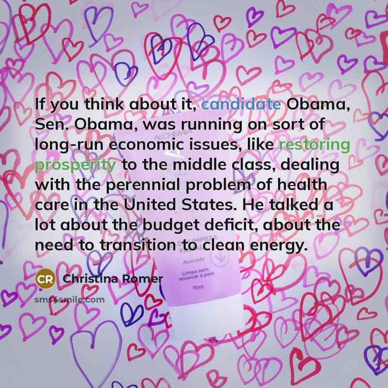 “If you think about it, candidate Obama, Sen. Obama, was running on sort of long-run economic issues, like restoring prosperity to the middle class, dealing with the perennial problem of health care in the United States. He talked a lot about the budget deficit, about the need to transition to…” quote by Christina Romer