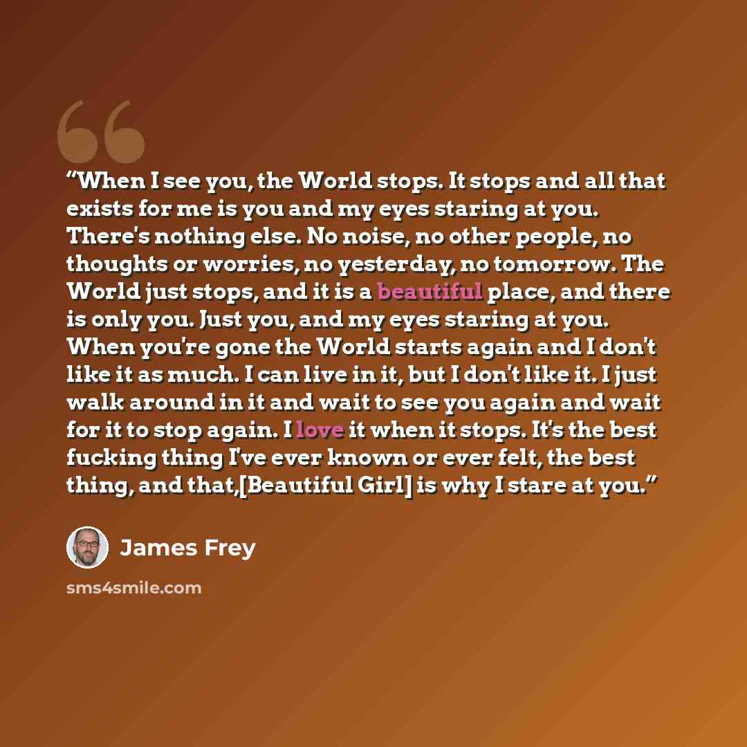 “When I see you, the World stops. It stops and all that exists for me is you and my eyes staring at you. There's nothing else. No noise, no other people, no thoughts or worries, no yesterday, no tomorrow. The World just stops, and it is a beautiful place, and there is only you. Just you, and my…” quote by James Frey
