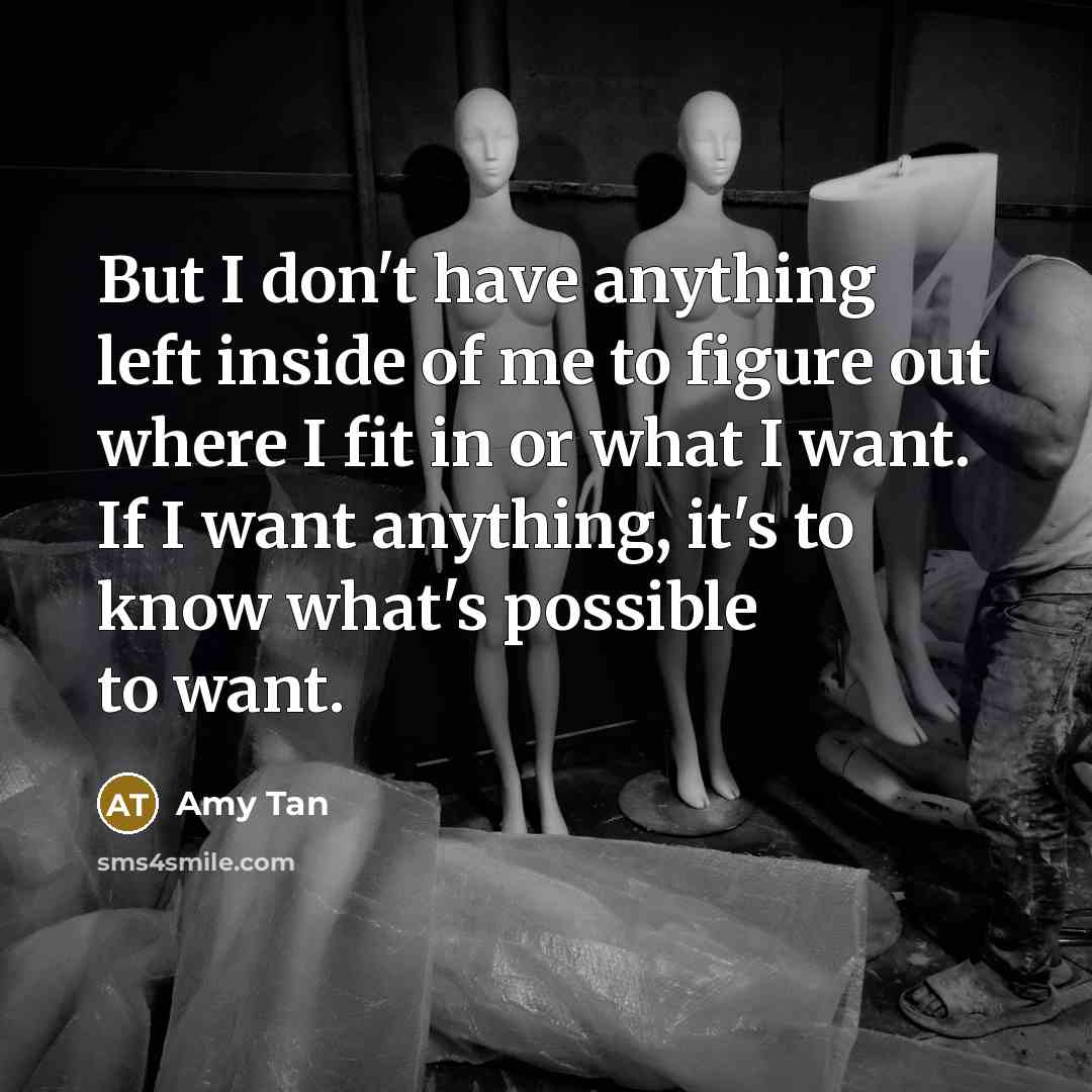 “But I don't have anything left inside of me to figure out where I fit in or what I want. If I want anything, it's to know what's possible to want.” quote by Amy Tan