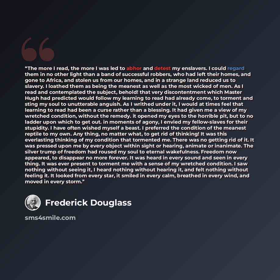 “The more I read, the more I was led to abhor and detest my enslavers. I could regard them in no other light than a band of successful robbers, who had left their homes, and gone to Africa, and stolen us from our homes, and in a strange land reduced us to slavery. I loathed them as being the…” quote by Frederick Douglass