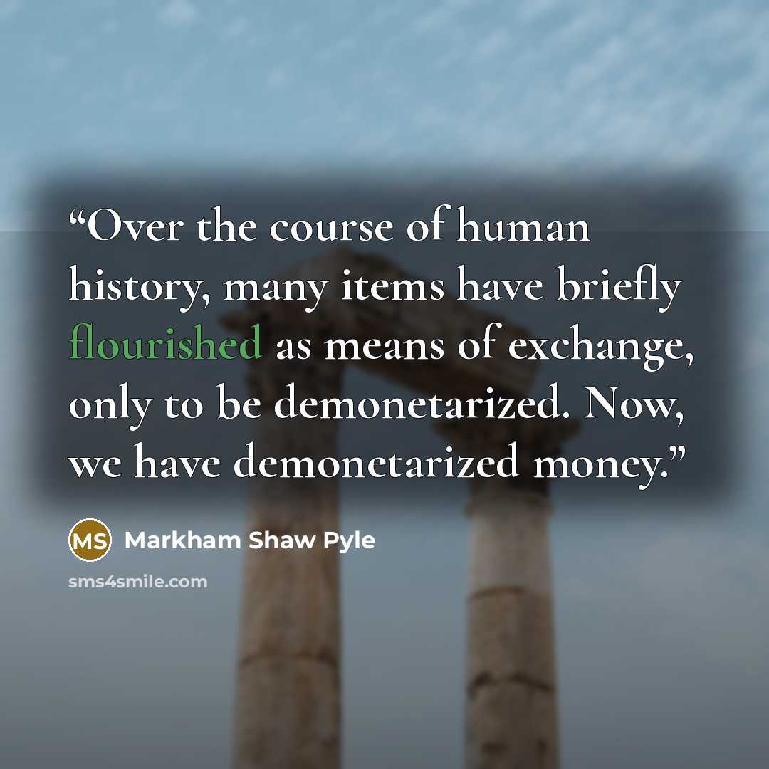“Over the course of human history, many items have briefly flourished as means of exchange, only to be demonetarized. Now, we have demonetarized money.” quote by Markham Shaw Pyle