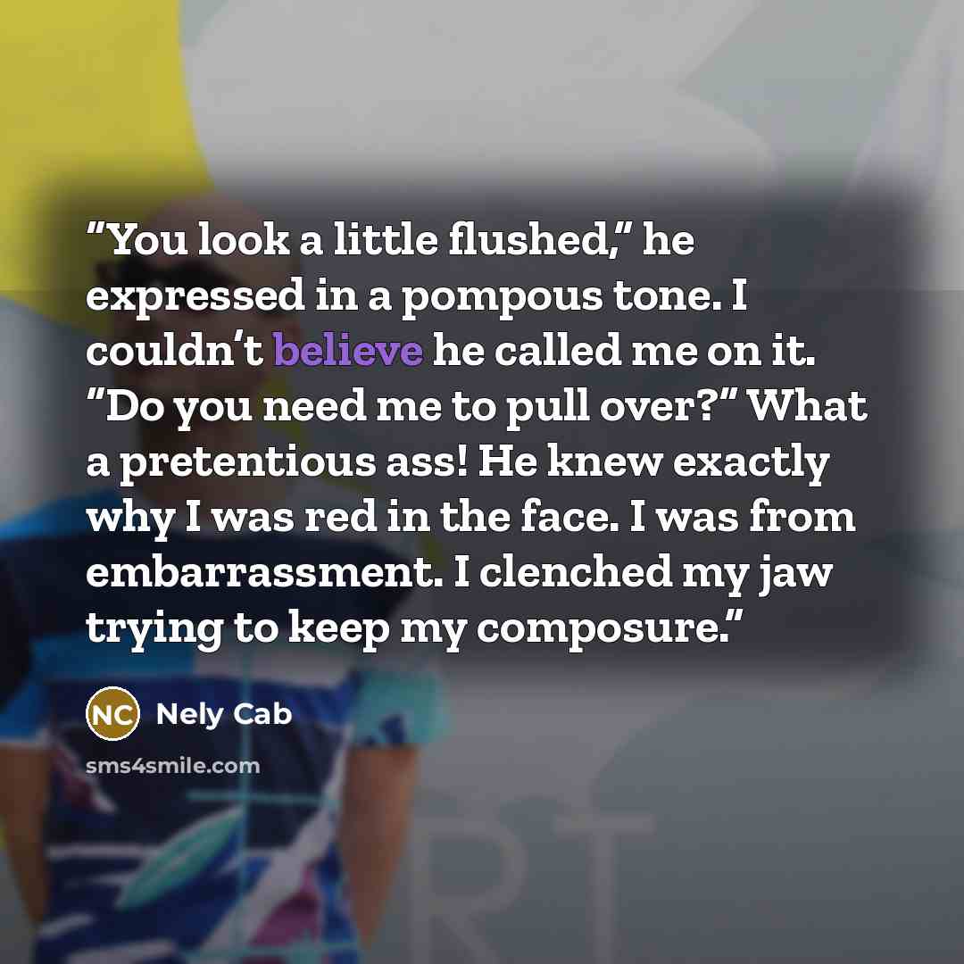 “You look a little flushed,” he expressed in a pompous tone. I couldn’t believe he called me on it. “Do you need me to pull over?” What a pretentious ass! He knew exactly why I was red in the face. I was from embarrassment. I clenched my jaw trying to keep my composure.” quote by Nely Cab