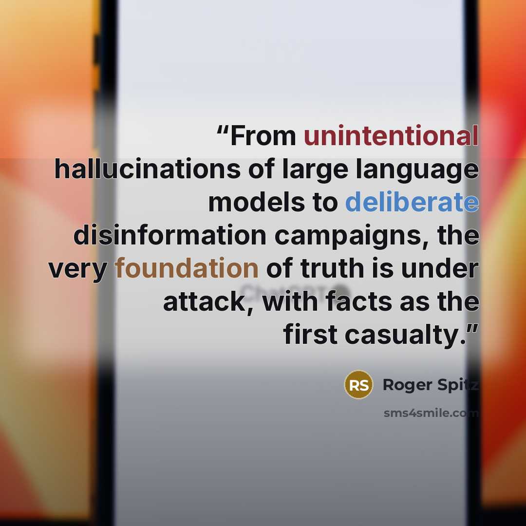 “From unintentional hallucinations of large language models to deliberate disinformation campaigns, the very foundation of truth is under attack, with facts as the first casualty.” quote by Roger Spitz