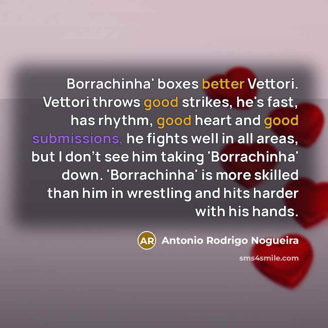 “Borrachinha' boxes better Vettori. Vettori throws good strikes, he's fast, has rhythm, good heart and good submissions, he fights well in all areas, but I don't see him taking 'Borrachinha' down. 'Borrachinha' is more skilled than him in wrestling and hits harder with his hands.” quote by Antonio Rodrigo Nogueira