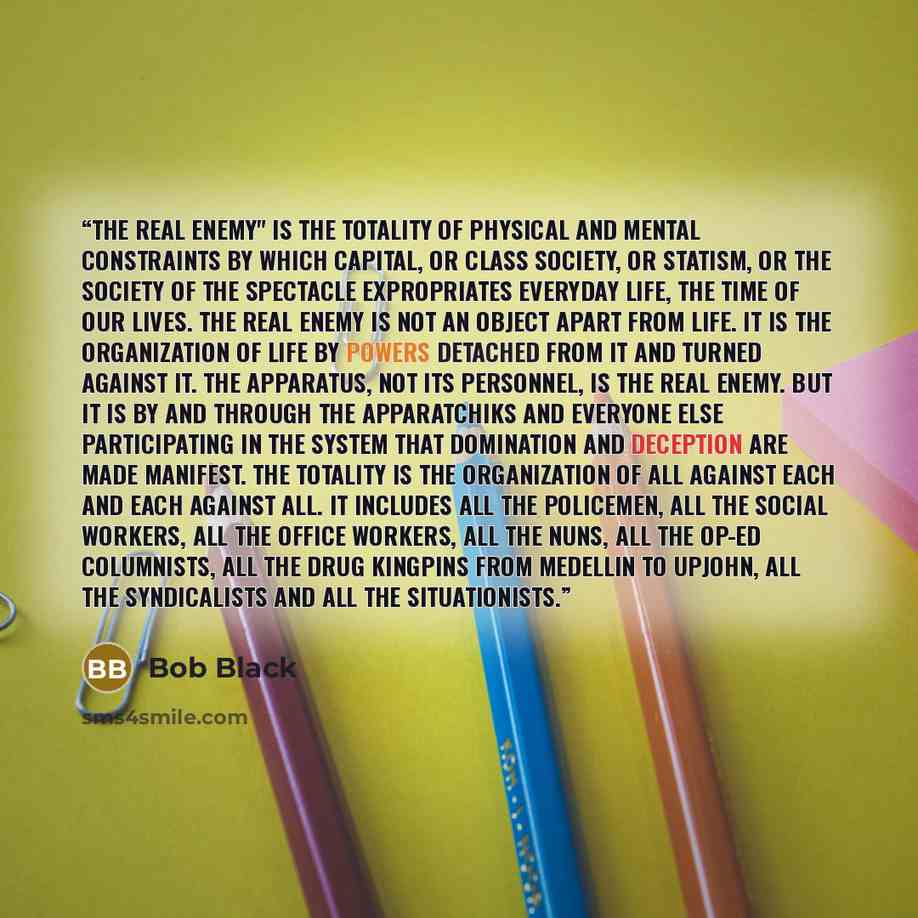 “The real enemy" is the totality of physical and mental constraints by which capital, or class society, or statism, or the society of the spectacle expropriates everyday life, the time of our lives. The real enemy is not an object apart from life. It is the organization of life by powers detached…” quote by Bob Black