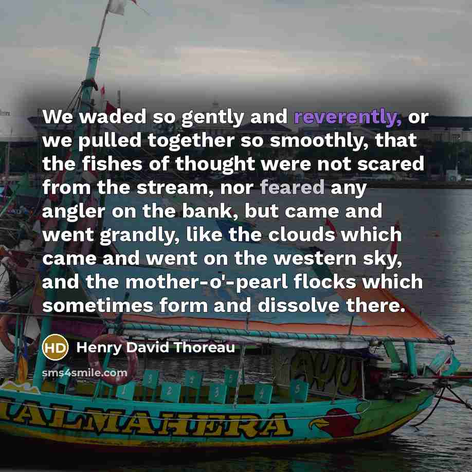 “We waded so gently and reverently, or we pulled together so smoothly, that the fishes of thought were not scared from the stream, nor feared any angler on the bank, but came and went grandly, like the clouds which came and went on the western sky, and the mother-o'-pearl flocks which sometimes…” quote by Henry David Thoreau