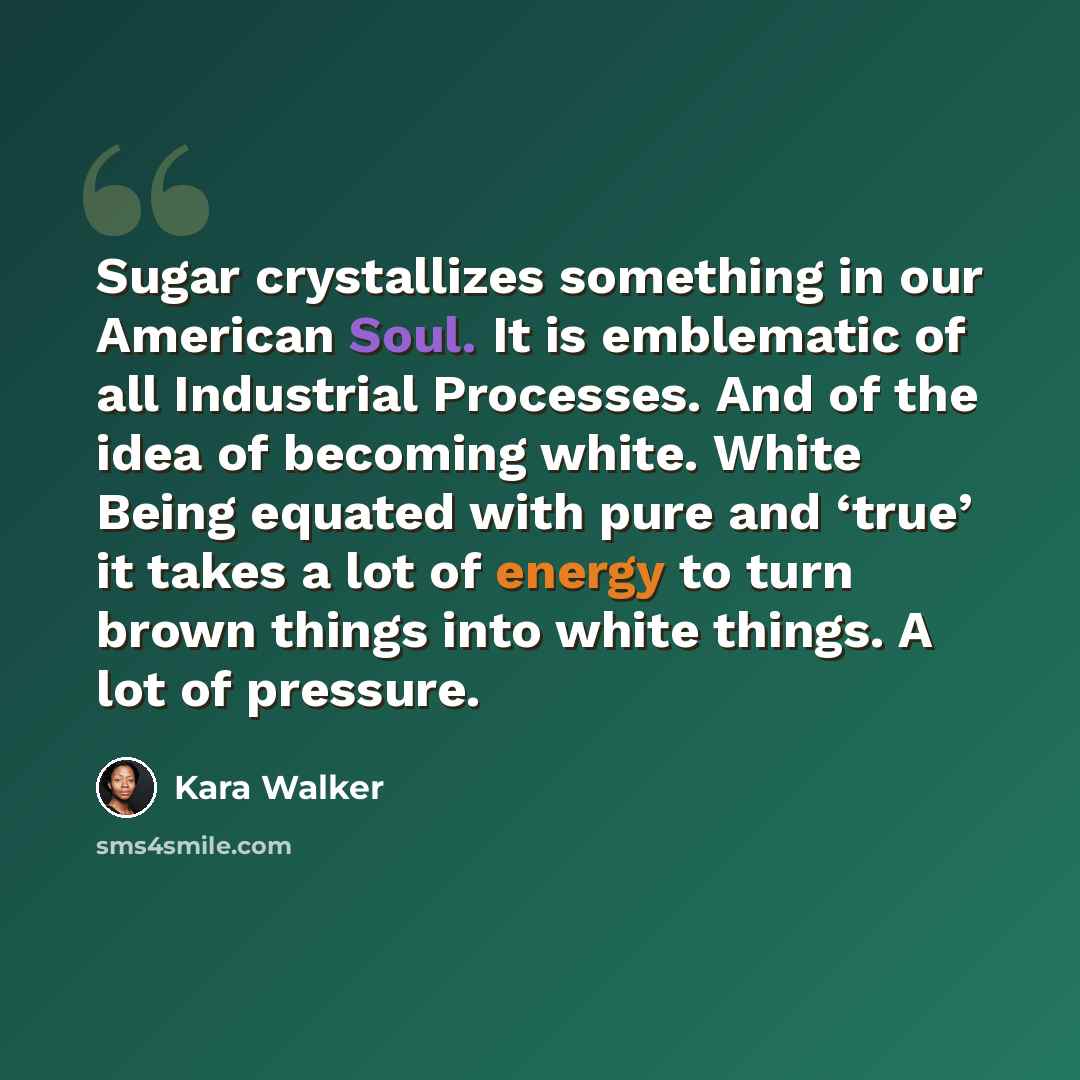 “Sugar crystallizes something in our American Soul. It is emblematic of all Industrial Processes. And of the idea of becoming white. White Being equated with pure and ‘true’ it takes a lot of energy to turn brown things into white things. A lot of pressure.” quote by Kara Walker