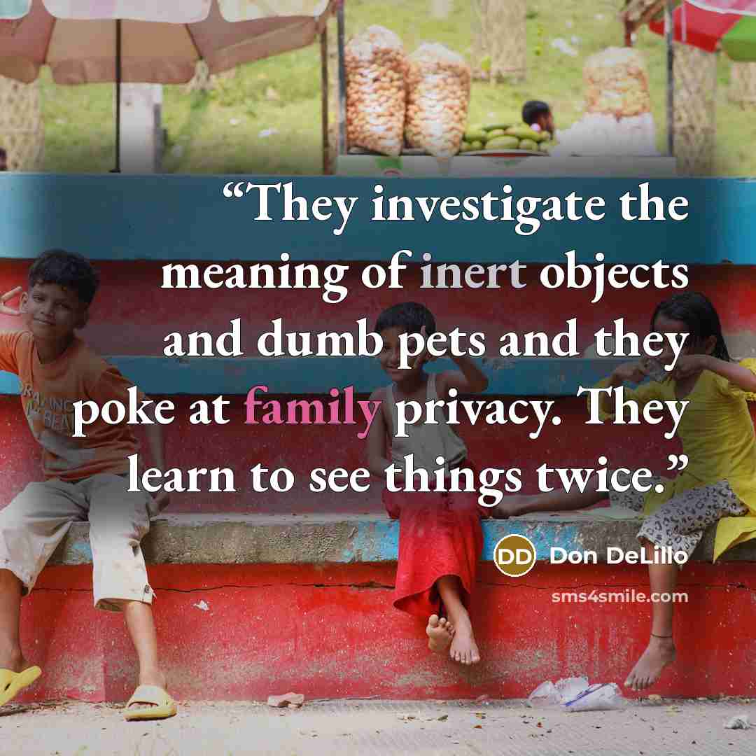 “They investigate the meaning of inert objects and dumb pets and they poke at family privacy. They learn to see things twice.” quote by Don DeLillo