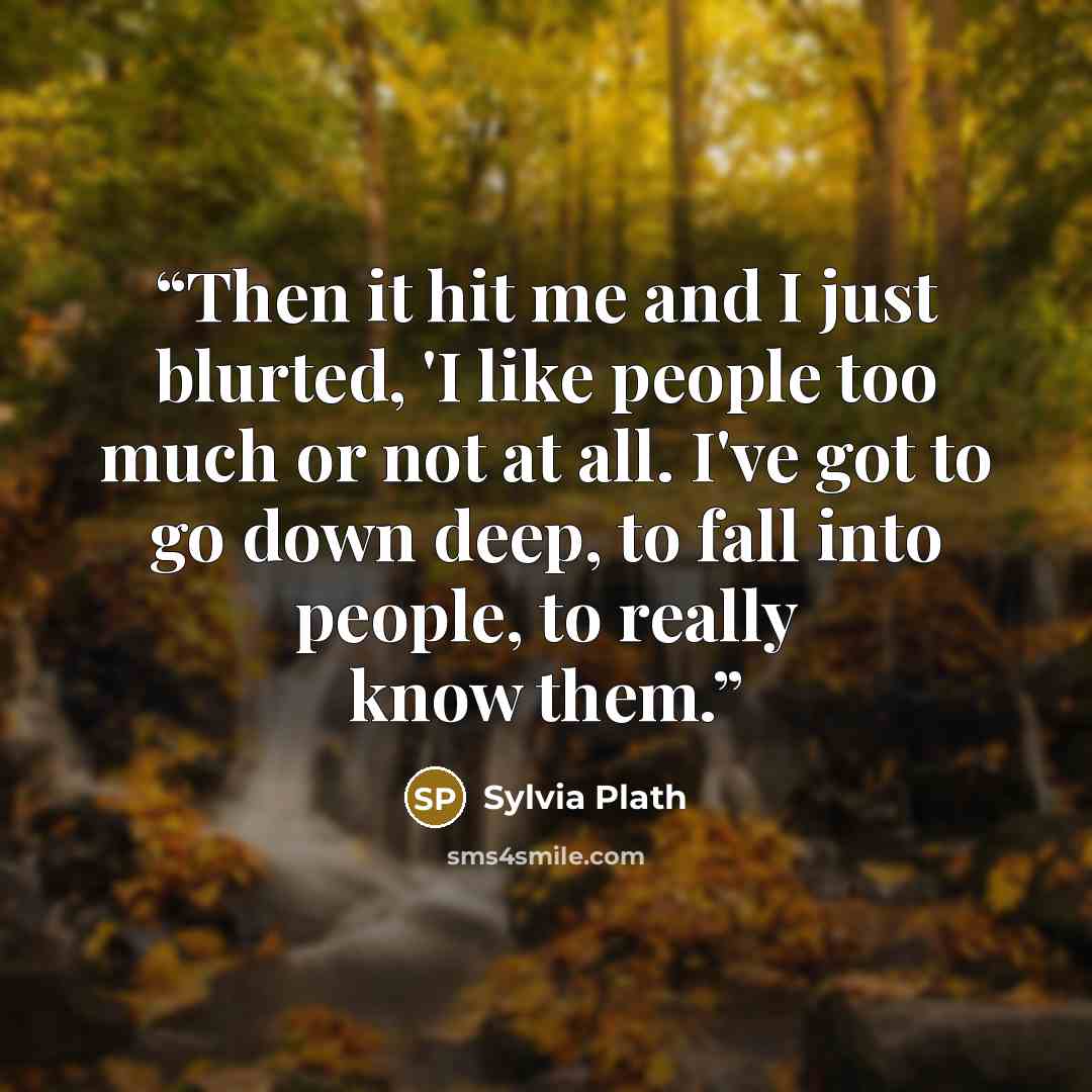 “Then it hit me and I just blurted, 'I like people too much or not at all. I've got to go down deep, to fall into people, to really know them.” quote by Sylvia Plath