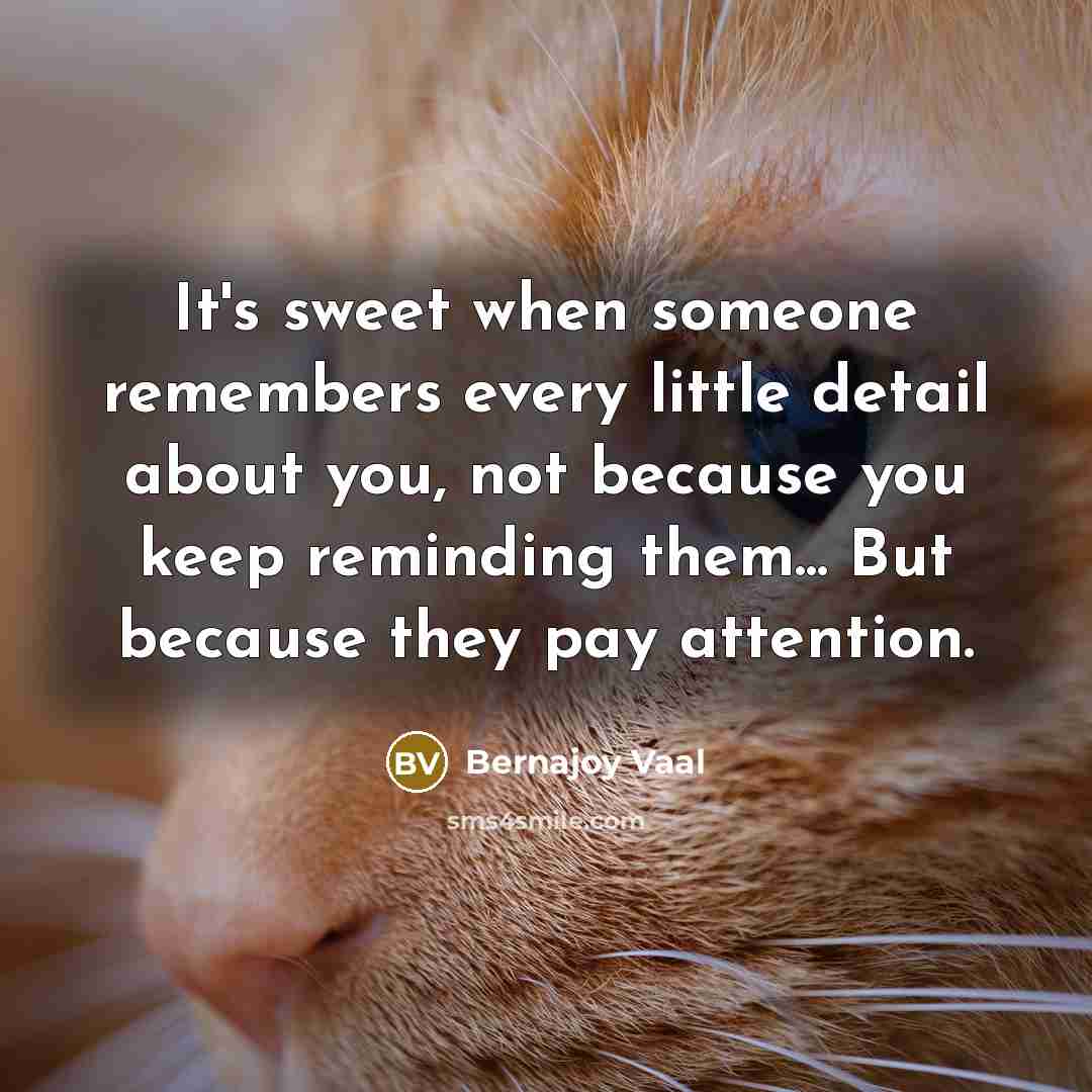 “It's sweet when someone remembers every little detail about you, not because you keep reminding them... But because they pay attention.” quote by Bernajoy Vaal