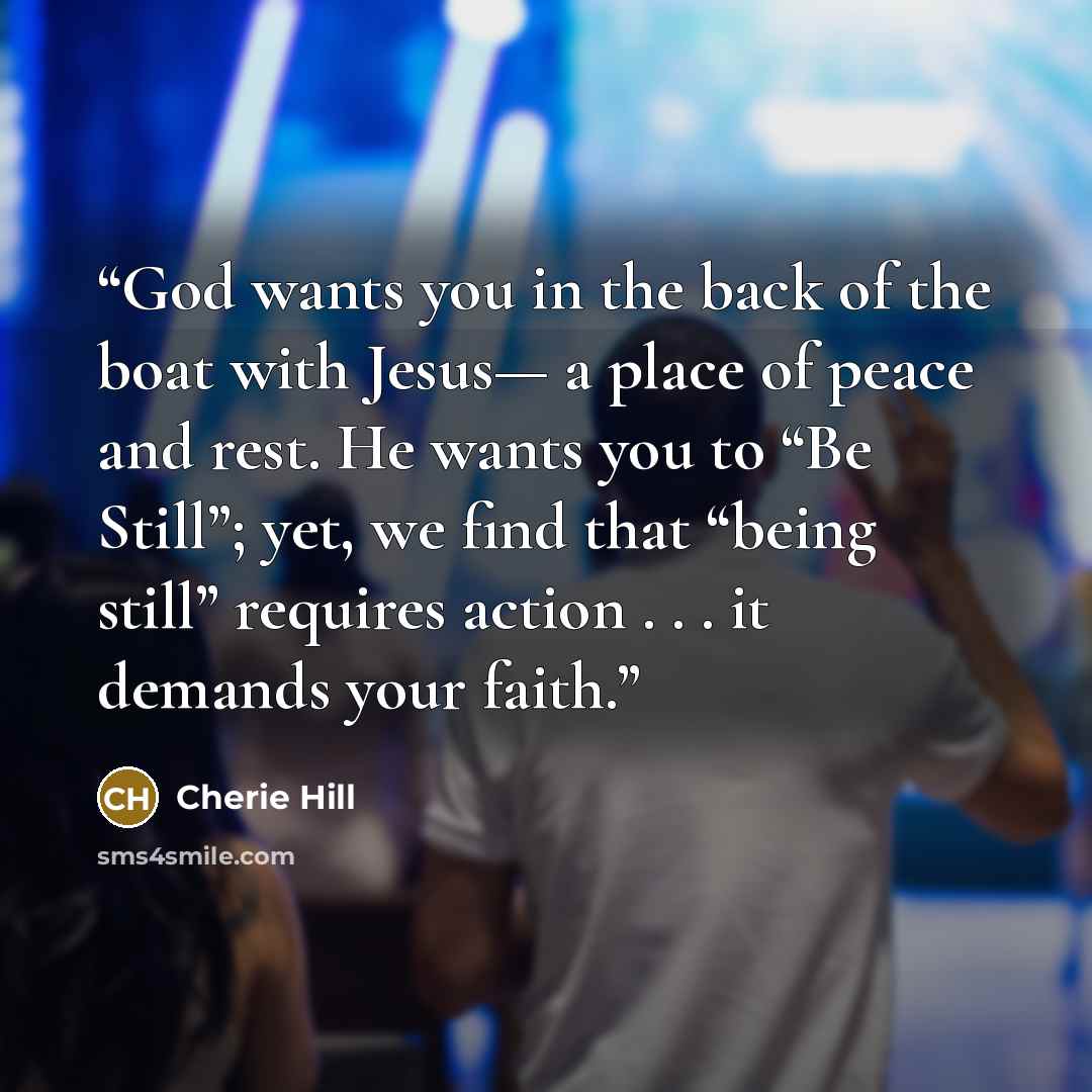 “God wants you in the back of the boat with Jesus— a place of peace and rest. He wants you to “Be Still”; yet, we find that “being still” requires action . . . it demands your faith.” quote by Cherie Hill