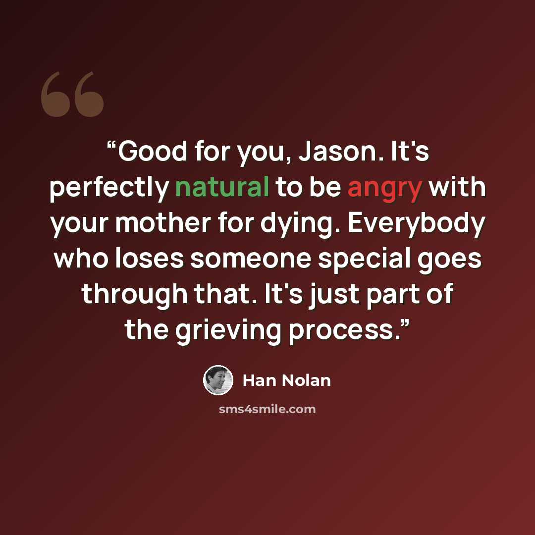 “Good for you, Jason. It's perfectly natural to be angry with your mother for dying. Everybody who loses someone special goes through that. It's just part of the grieving process.” quote by Han Nolan