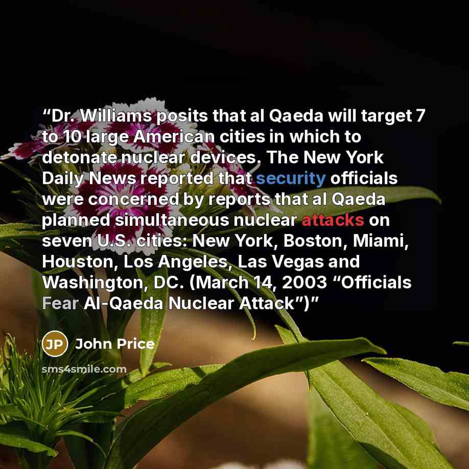 “Dr. Williams posits that al Qaeda will target 7 to 10 large American cities in which to detonate nuclear devices. The New York Daily News reported that security officials were concerned by reports that al Qaeda planned simultaneous nuclear attacks on seven U.S. cities: New York, Boston, Miami…” quote by John Price