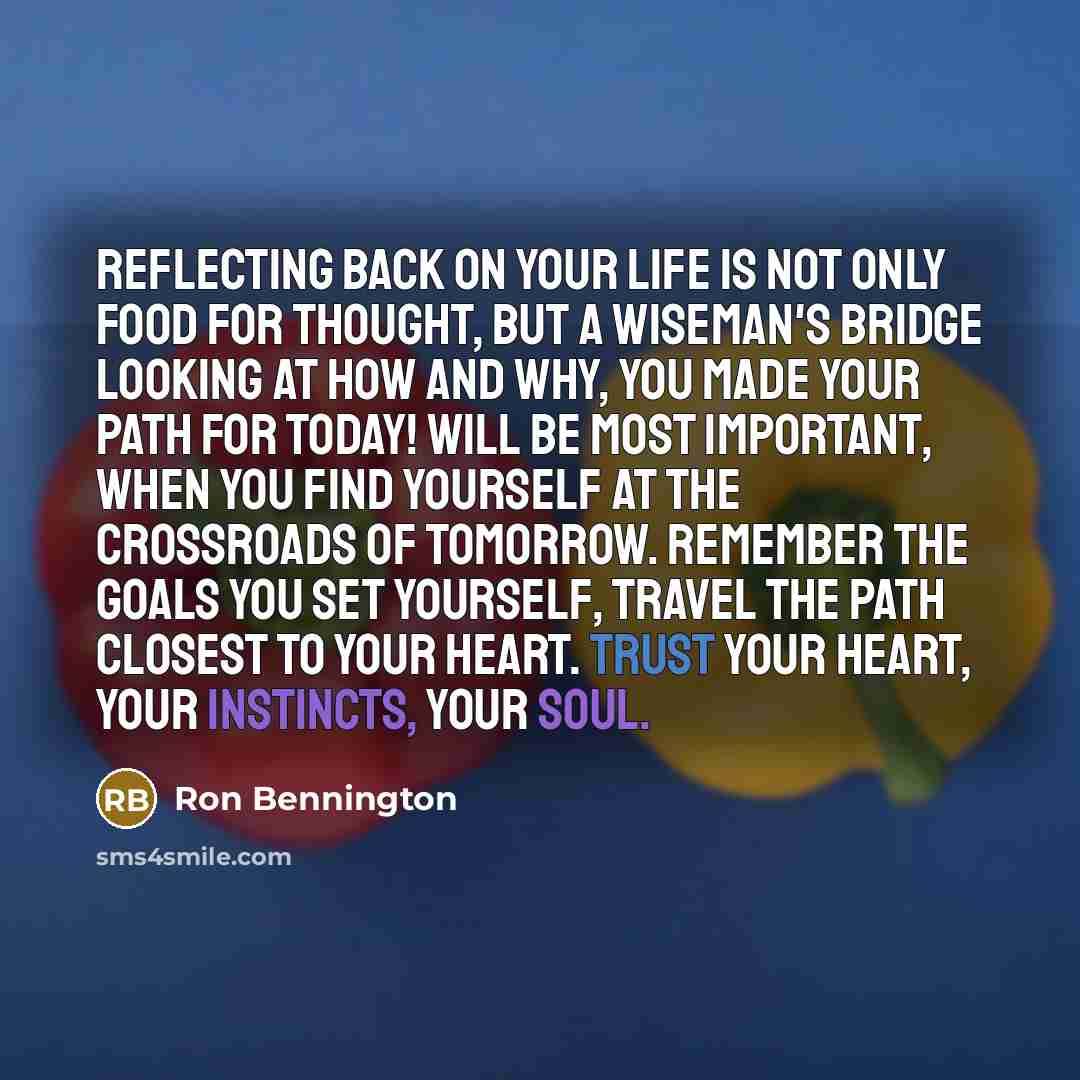 “Reflecting back on your life is not only food for thought, but a Wiseman's bridge looking at how and why, you made your path for today! Will be most important, when you find yourself at the crossroads of tomorrow. Remember the goals you set yourself, travel the path closest to your heart. Trust…” quote by Ron Bennington