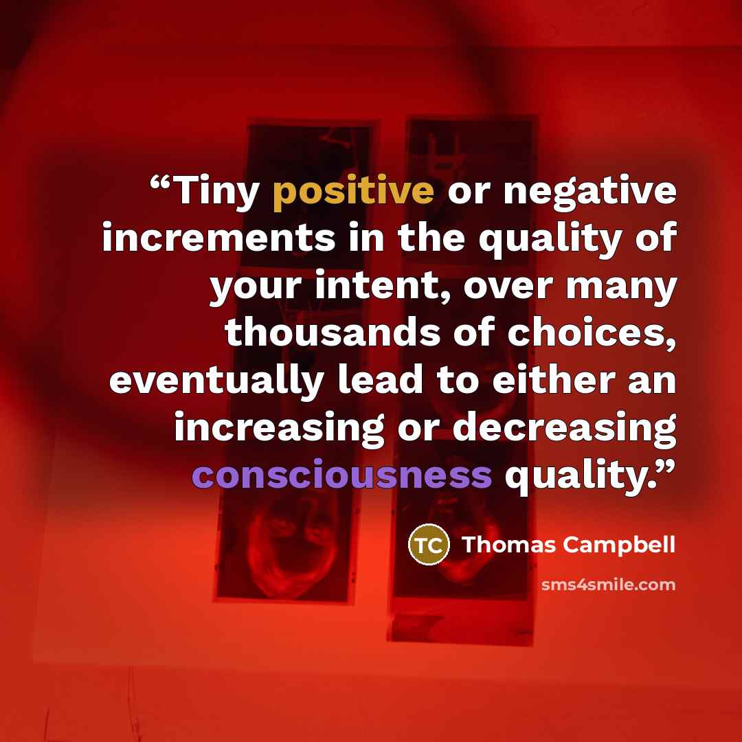 “Tiny positive or negative increments in the quality of your intent, over many thousands of choices, eventually lead to either an increasing or decreasing consciousness quality.” quote by Thomas Campbell