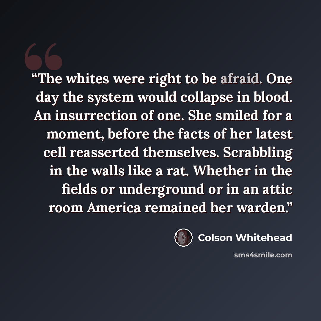 “The whites were right to be afraid. One day the system would collapse in blood. An insurrection of one. She smiled for a moment, before the facts of her latest cell reasserted themselves. Scrabbling in the walls like a rat. Whether in the fields or underground or in an attic room America remained…” quote by Colson Whitehead