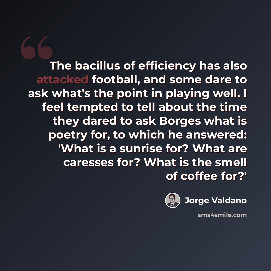 “The bacillus of efficiency has also attacked football, and some dare to ask what's the point in playing well. I feel tempted to tell about the time they dared to ask Borges what is poetry for, to which he answered: 'What is a sunrise for? What are caresses for? What is the smell of coffee for?'” quote by Jorge Valdano