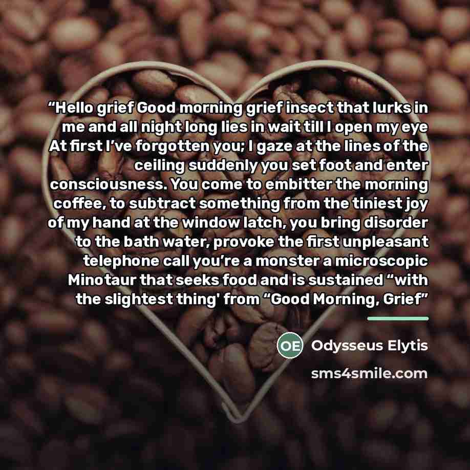 “Hello grief Good morning grief insect that lurks in me and all night long lies in wait till I open my eye At first I’ve forgotten you; I gaze at the lines of the ceiling suddenly you set foot and enter consciousness. You come to embitter the morning coffee, to subtract something from the tiniest…” quote by Odysseus Elytis