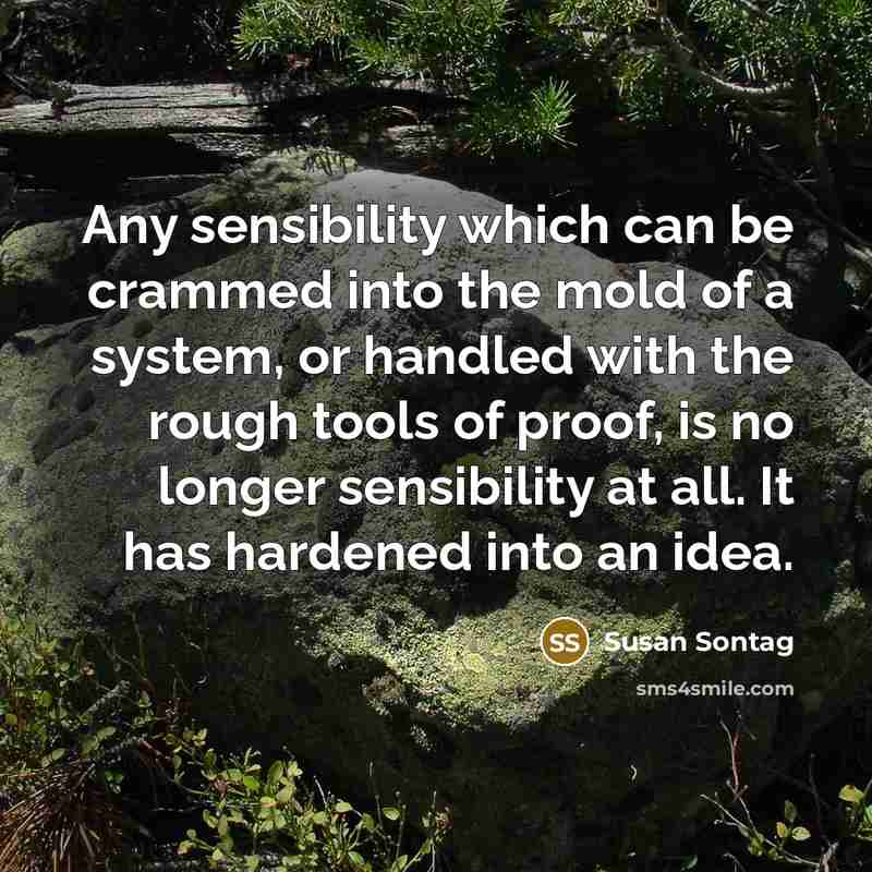 “Any sensibility which can be crammed into the mold of a system, or handled with the rough tools of proof, is no longer sensibility at all. It has hardened into an idea.” quote by Susan Sontag