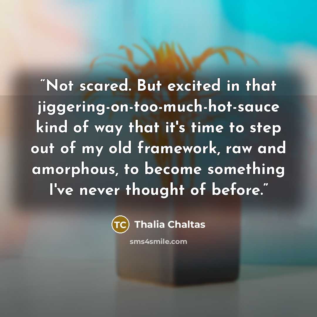 “Not scared. But excited in that jiggering-on-too-much-hot-sauce kind of way that it's time to step out of my old framework, raw and amorphous, to become something I've never thought of before.” quote by Thalia Chaltas