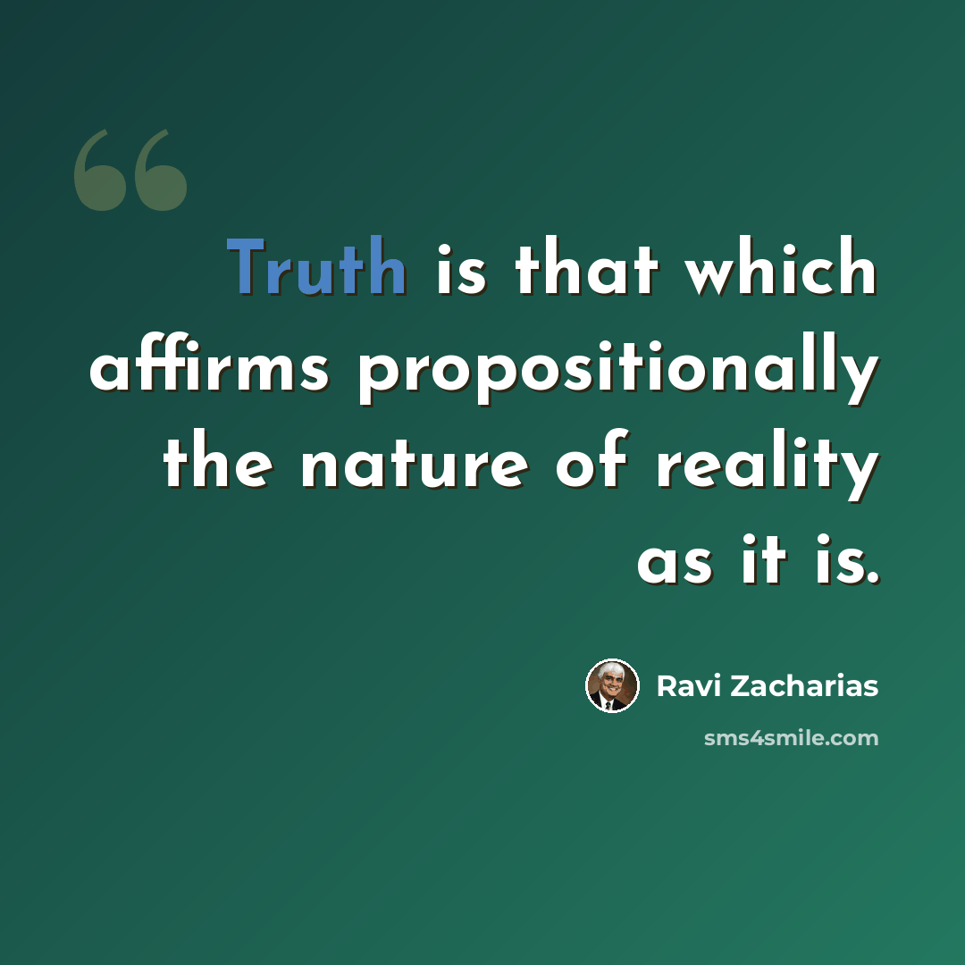 “Truth is that which affirms propositionally the nature of reality as it is.” quote by Ravi Zacharias