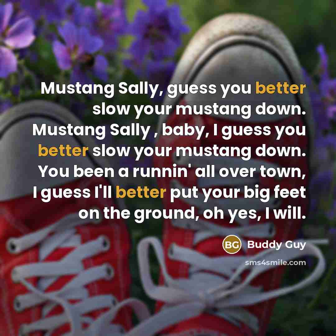 “Mustang Sally, guess you better slow your mustang down. Mustang Sally , baby, I guess you better slow your mustang down. You been a runnin' all over town, I guess I'll better put your big feet on the ground, oh yes, I will.” quote by Buddy Guy