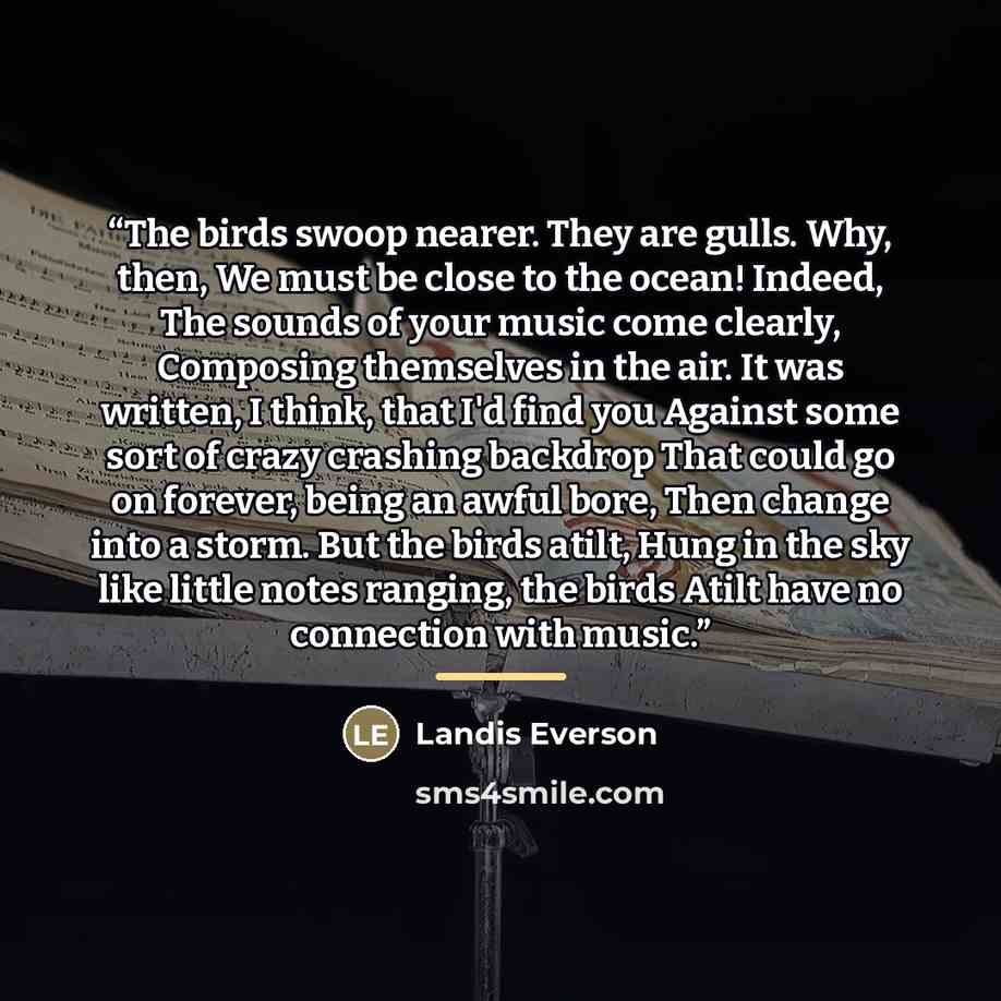 “The birds swoop nearer. They are gulls. Why, then, We must be close to the ocean! Indeed, The sounds of your music come clearly, Composing themselves in the air. It was written, I think, that I'd find you Against some sort of crazy crashing backdrop That could go on forever, being an awful bore…” quote by Landis Everson