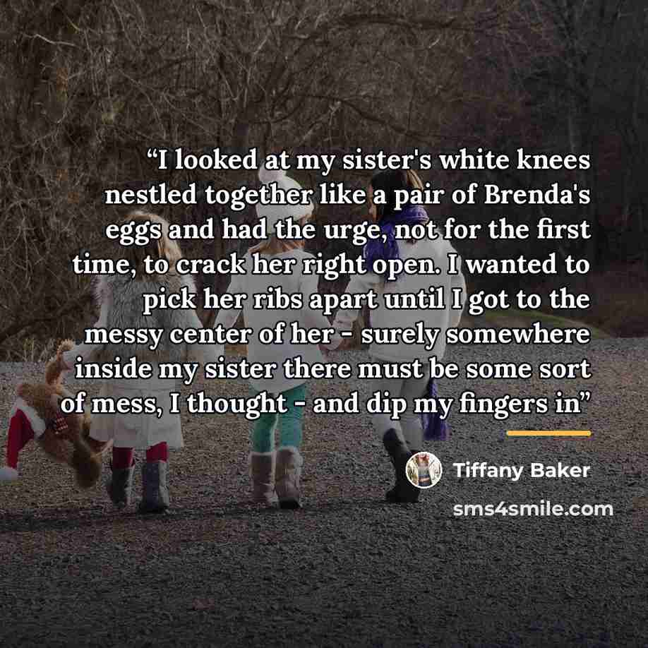 “I looked at my sister's white knees nestled together like a pair of Brenda's eggs and had the urge, not for the first time, to crack her right open. I wanted to pick her ribs apart until I got to the messy center of her - surely somewhere inside my sister there must be some sort of mess, I thought…” quote by Tiffany Baker