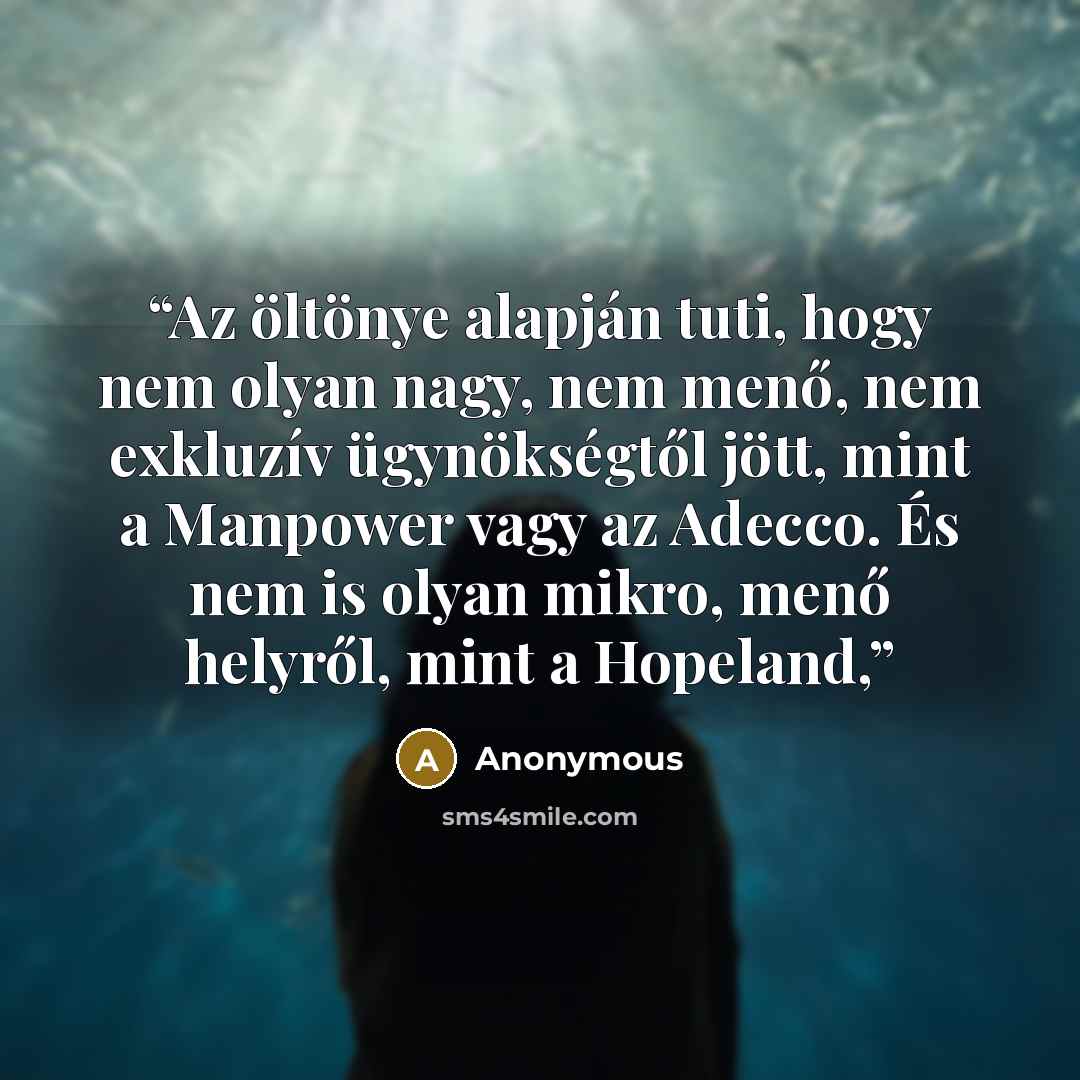 “Az öltönye alapján tuti, hogy nem olyan nagy, nem menő, nem exkluzív ügynökségtől jött, mint a Manpower vagy az Adecco. És nem is olyan mikro, menő helyről, mint a Hopeland,” quote by Anonymous