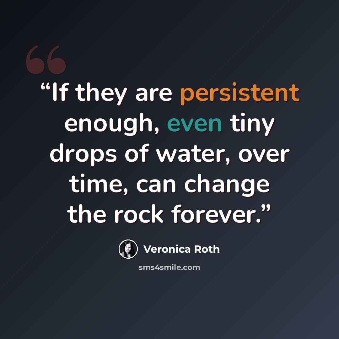 “If they are persistent enough, even tiny drops of water, over time, can change the rock forever.” quote by Veronica Roth