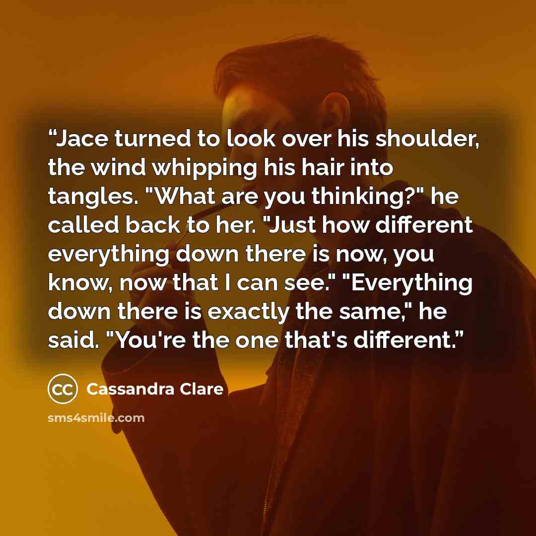 “Jace turned to look over his shoulder, the wind whipping his hair into tangles. "What are you thinking?" he called back to her. "Just how different everything down there is now, you know, now that I can see." "Everything down there is exactly the same," he said. "You're the one that's different.” quote by Cassandra Clare