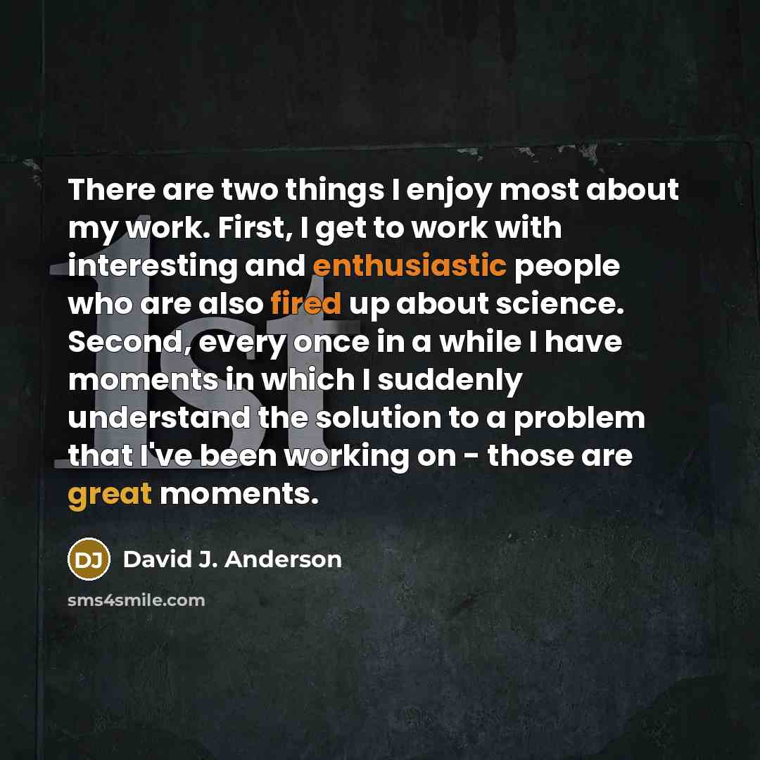 “There are two things I enjoy most about my work. First, I get to work with interesting and enthusiastic people who are also fired up about science. Second, every once in a while I have moments in which I suddenly understand the solution to a problem that I've been working on - those are great…” quote by David J. Anderson