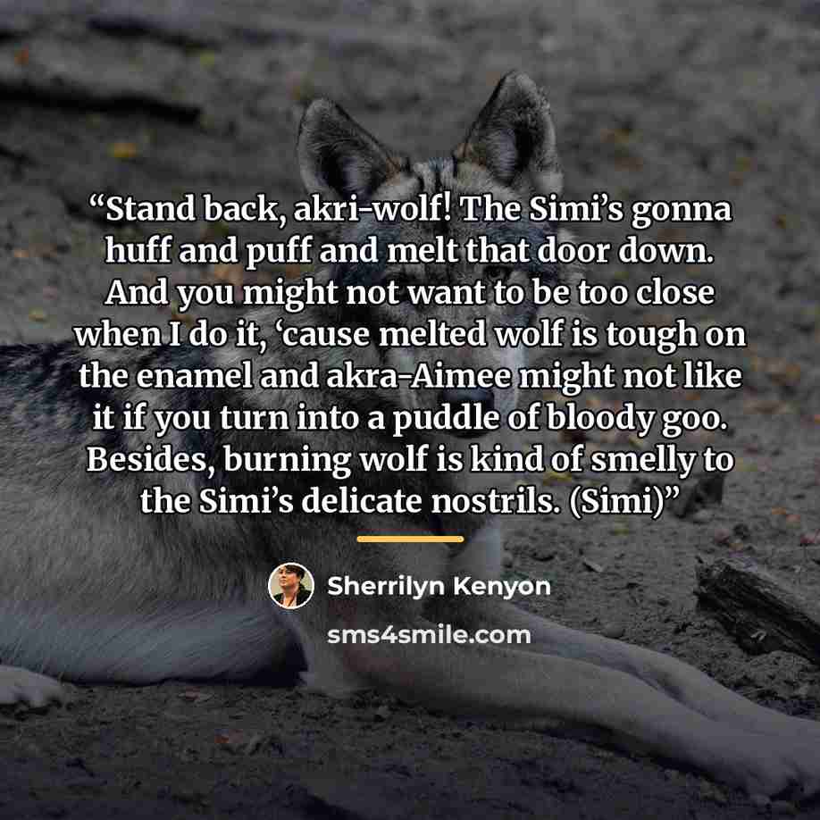“Stand back, akri-wolf! The Simi’s gonna huff and puff and melt that door down. And you might not want to be too close when I do it, ‘cause melted wolf is tough on the enamel and akra-Aimee might not like it if you turn into a puddle of bloody goo. Besides, burning wolf is kind of smelly to the…” quote by Sherrilyn Kenyon