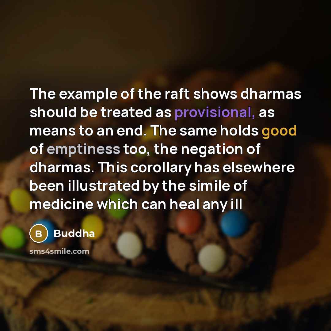 “The example of the raft shows dharmas should be treated as provisional, as means to an end. The same holds good of emptiness too, the negation of dharmas. This corollary has elsewhere been illustrated by the simile of medicine which can heal any ill” quote by Buddha
