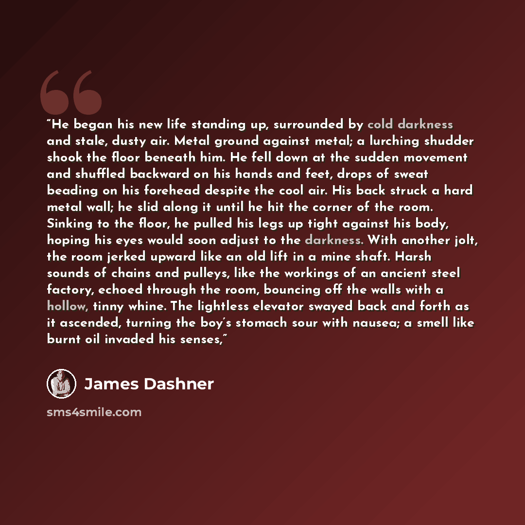 “He began his new life standing up, surrounded by cold darkness and stale, dusty air. Metal ground against metal; a lurching shudder shook the floor beneath him. He fell down at the sudden movement and shuffled backward on his hands and feet, drops of sweat beading on his forehead despite the cool…” quote by James Dashner