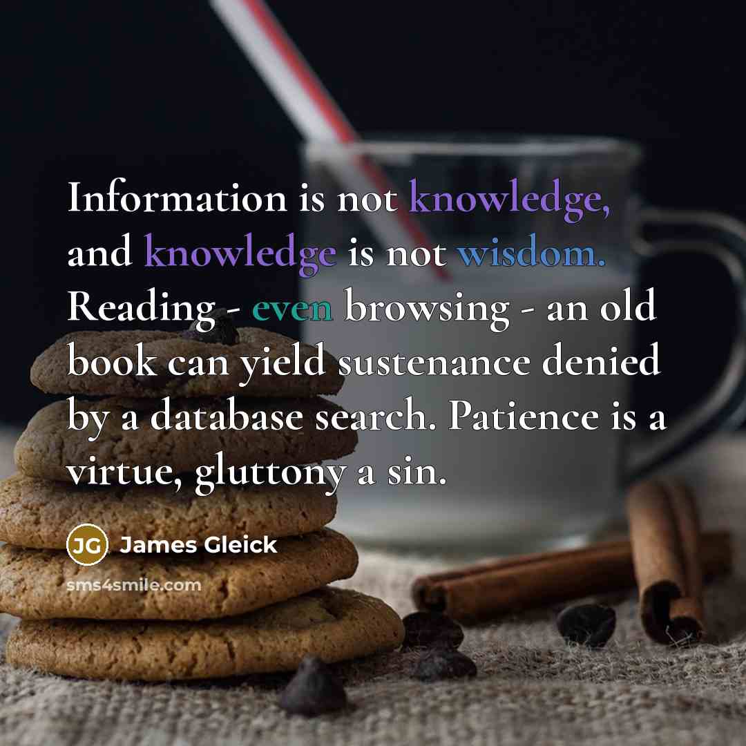 “Information is not knowledge, and knowledge is not wisdom. Reading - even browsing - an old book can yield sustenance denied by a database search. Patience is a virtue, gluttony a sin.” quote by James Gleick