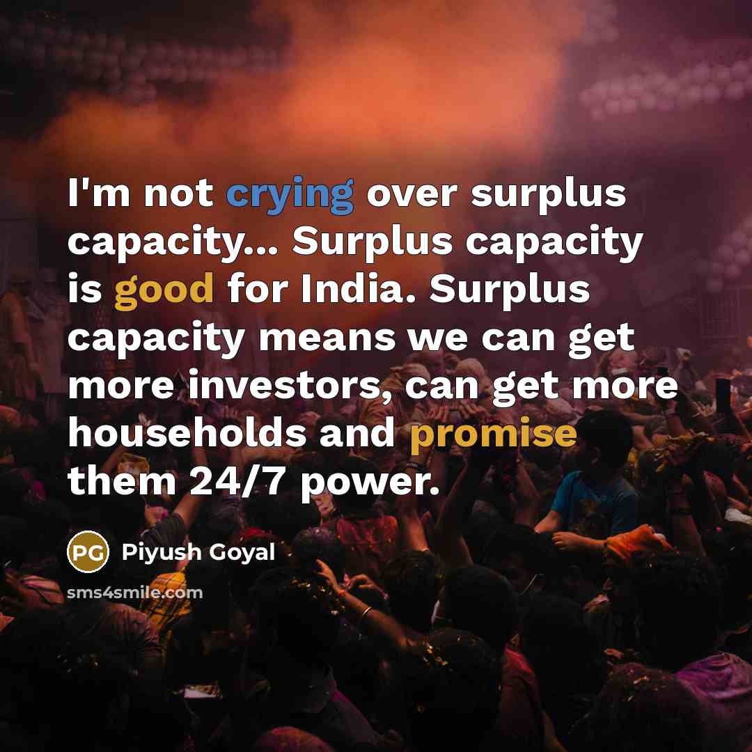 “I'm not crying over surplus capacity... Surplus capacity is good for India. Surplus capacity means we can get more investors, can get more households and promise them 24/7 power.” quote by Piyush Goyal