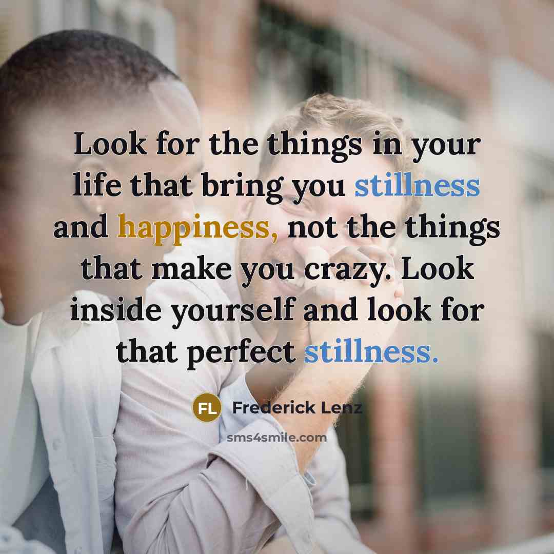“Look for the things in your life that bring you stillness and happiness, not the things that make you crazy. Look inside yourself and look for that perfect stillness.” quote by Frederick Lenz