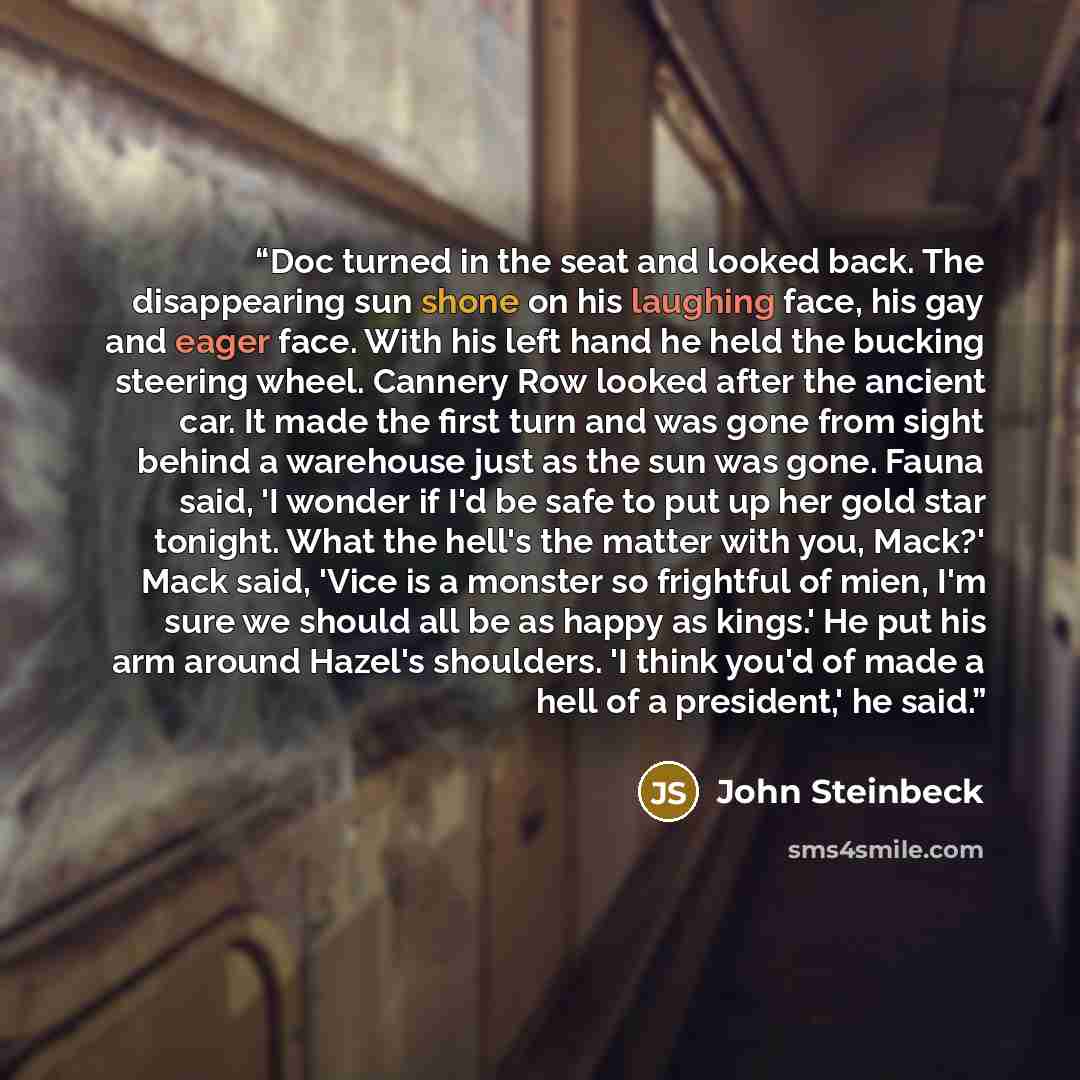“Doc turned in the seat and looked back. The disappearing sun shone on his laughing face, his gay and eager face. With his left hand he held the bucking steering wheel. Cannery Row looked after the ancient car. It made the first turn and was gone from sight behind a warehouse just as the sun was…” quote by John Steinbeck